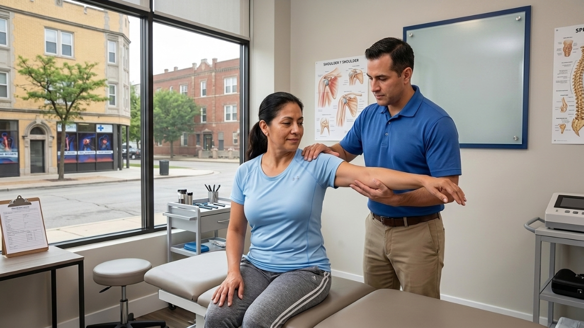 image showing a quiropráctico evaluando el brazo derecho y el hombro de un paciente en la clínica Doctores y Mas en Chicago