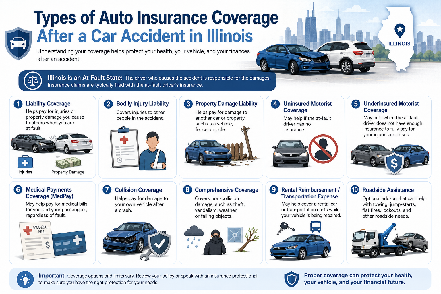 ilustración explicando los tipos de cobertura de seguro tras un accidente de auto en Illinois