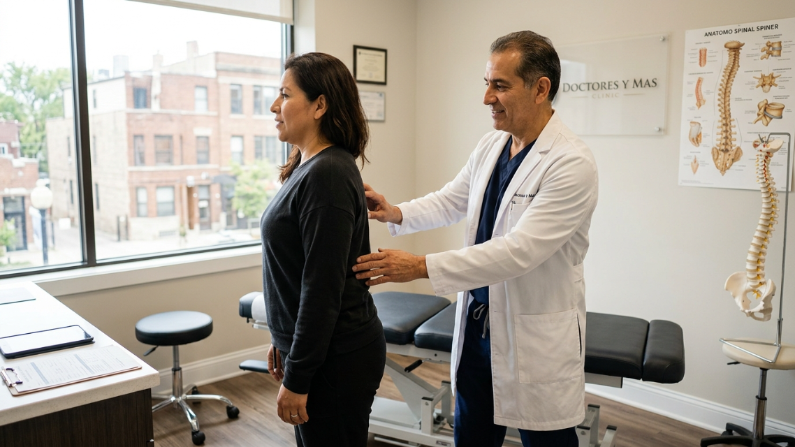 Foto de un paciente hispanohablante recibiendo evaluación de columna vertebral en la clínica Doctores y Mas en Chicago