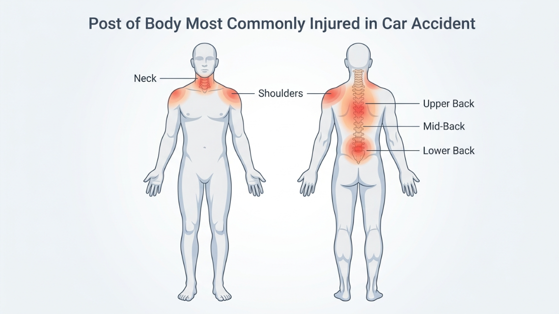 ilustración mostrando las áreas del cuerpo más comúnmente lesionadas en un accidente automovilístico: cuello, espalda y hombros