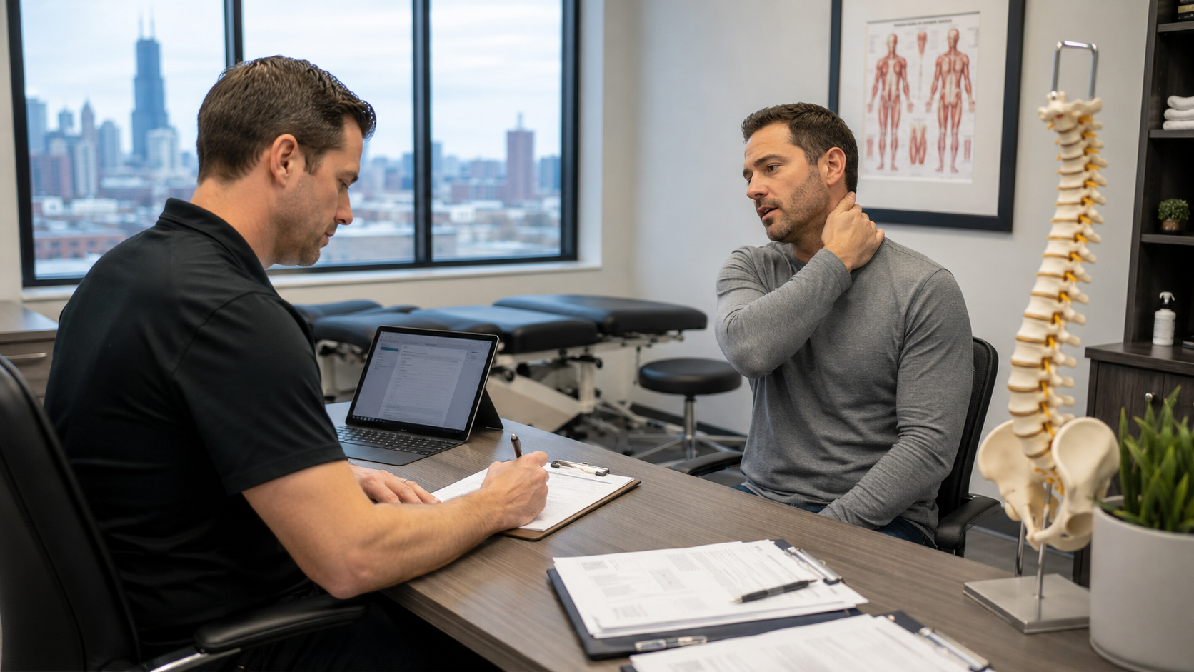 Quiropráctico revisando y documentando el historial clínico de un paciente después de un accidente en Chicago