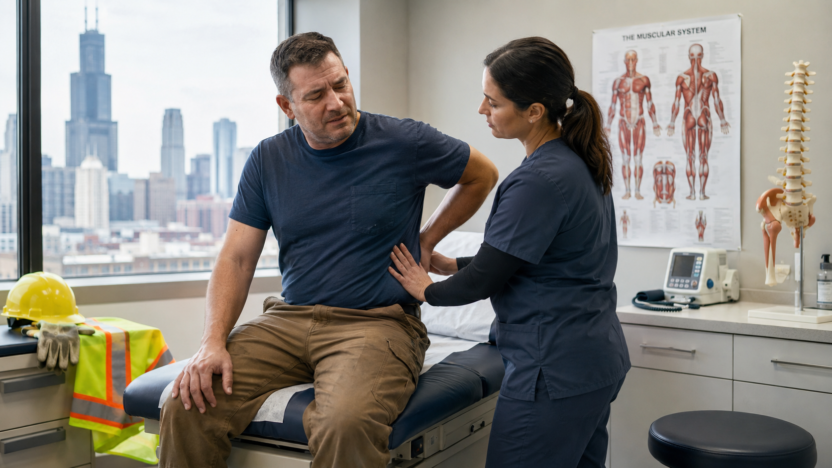Foto de un trabajador de la construcción en Chicago recibiendo evaluación médica después de una lesión laboral