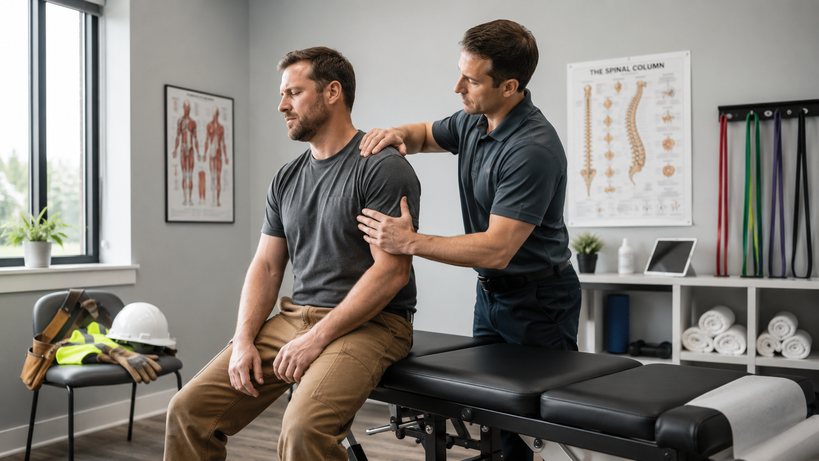 a worker with a back or shoulder injury receiving chiropractic evaluation
