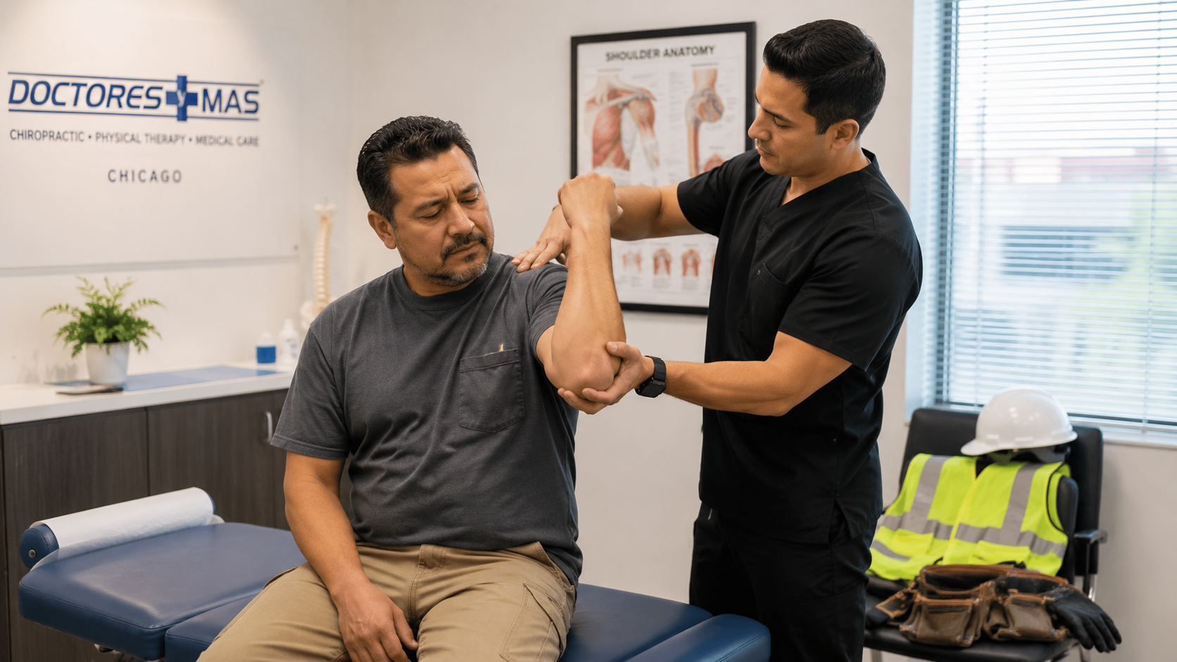 Fotografía de un quiropráctico evaluando el hombro de un paciente trabajador en la clínica de Doctores y Mas en Chicago