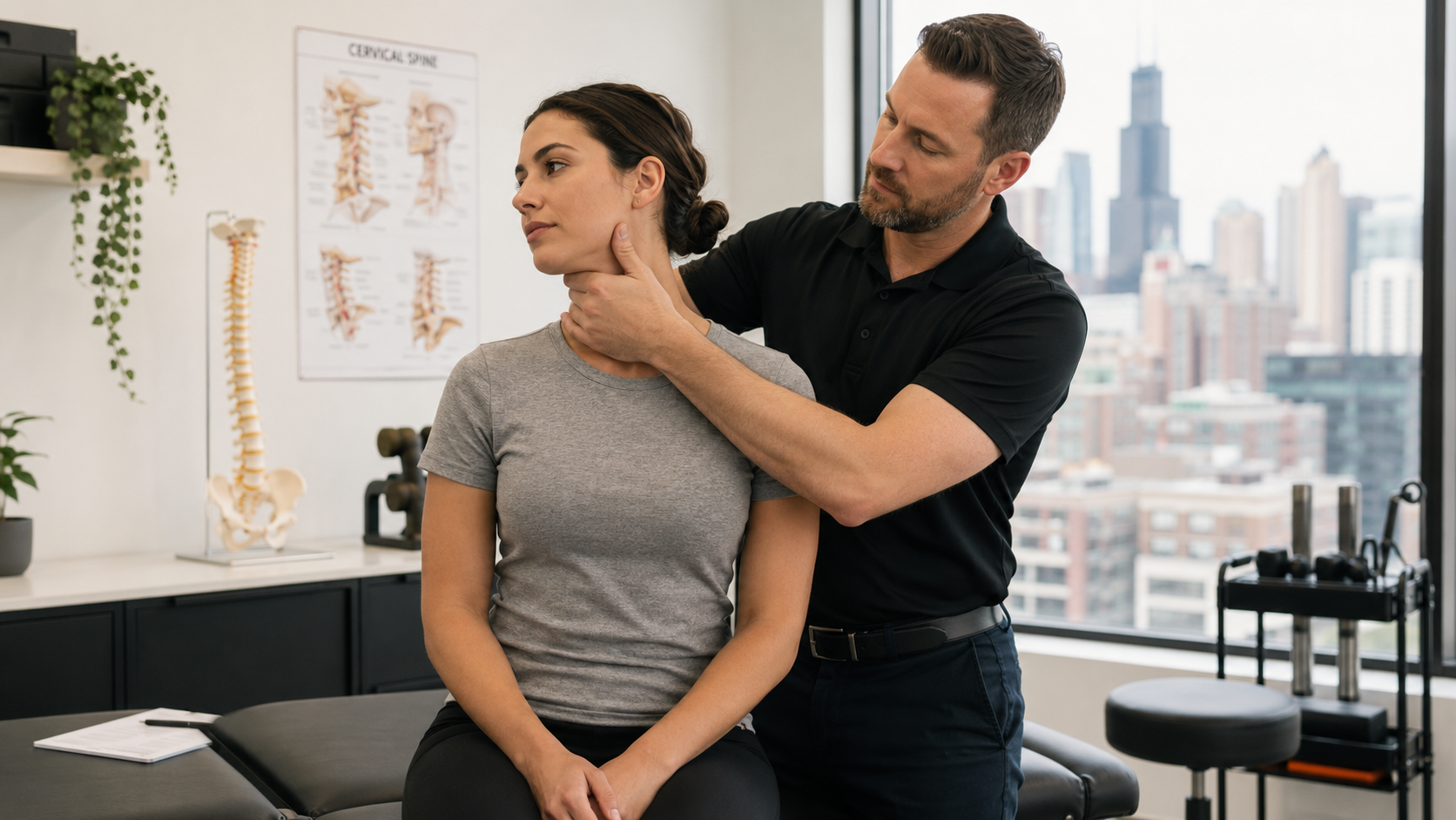 showing a chiropractor examining a patient's neck and cervical spine mobility in a Chicago clinic