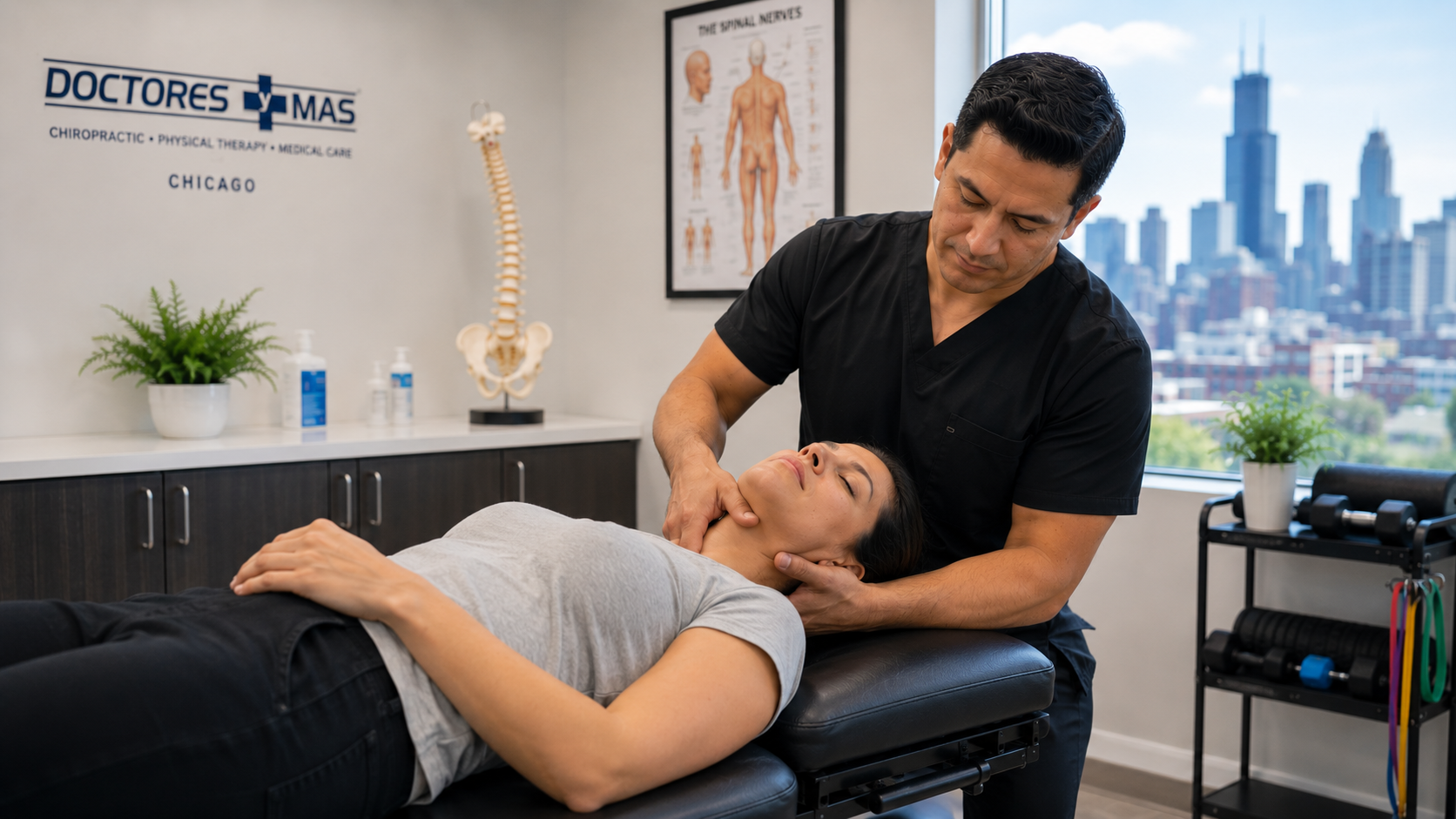 showing a patient receiving a gentle cervical adjustment at Doctores y Mas clinic in Chicago
