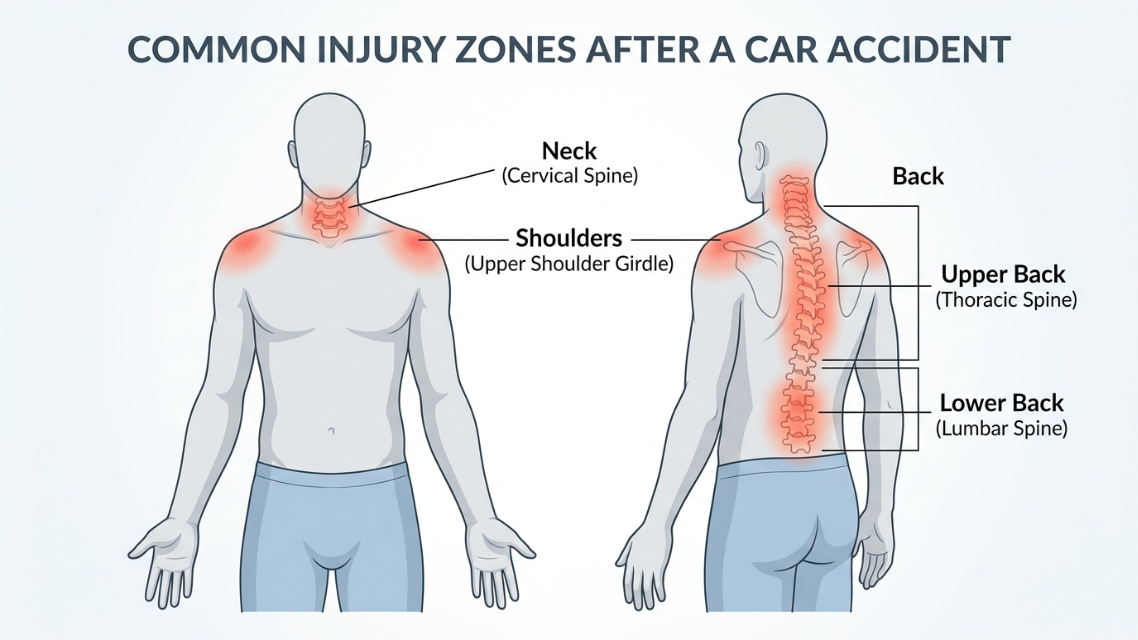 ilustración mostrando las zonas comunes de lesión en el cuerpo después de un accidente automovilístico: cuello, espalda y hombros