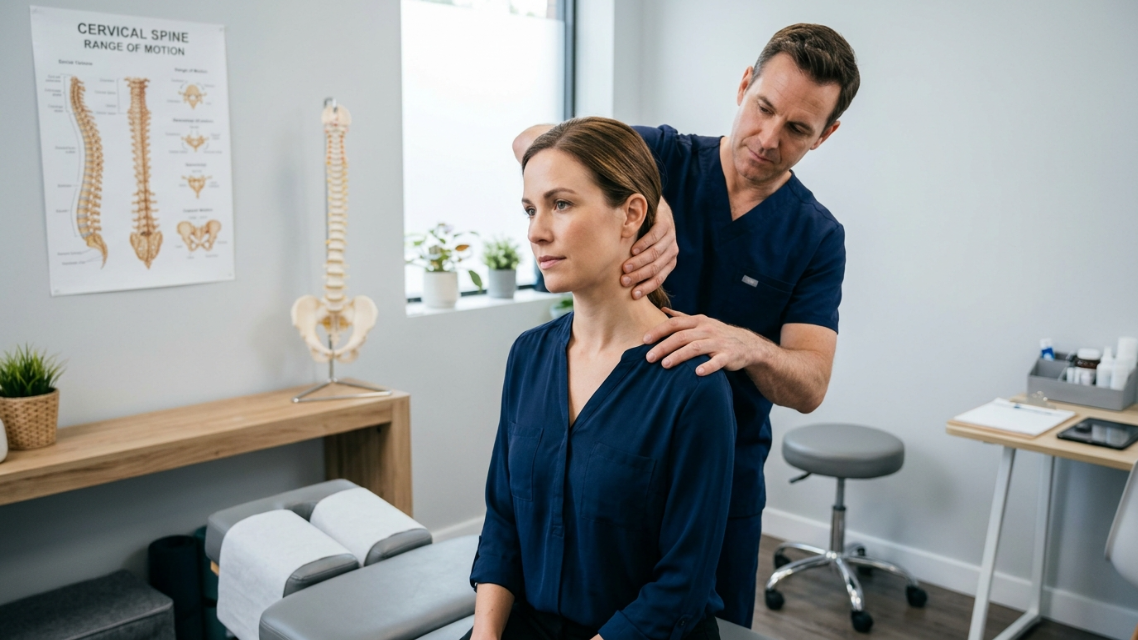 showing a chiropractor gently examining a patient's neck and cervical spine range of motion during an evaluation