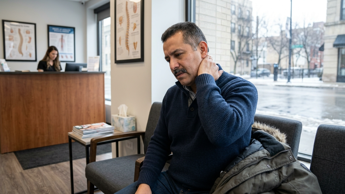 showing a Hispanic patient holding the back of their neck in discomfort while seated in a chiropractic waiting room in Chicago