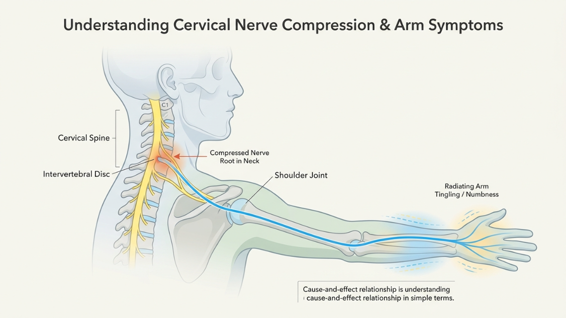 ilustración de la compresión nerviosa cervical relacionada con hormigueo en el brazo