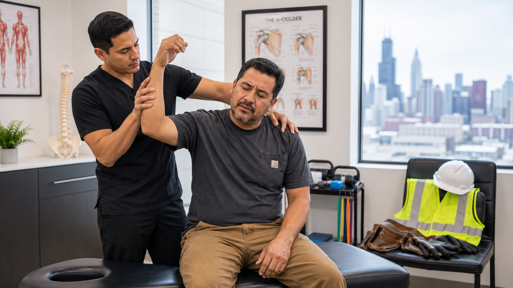 quiropráctico examinando el hombro de un paciente en una clínica de Chicago después de una lesión laboral
