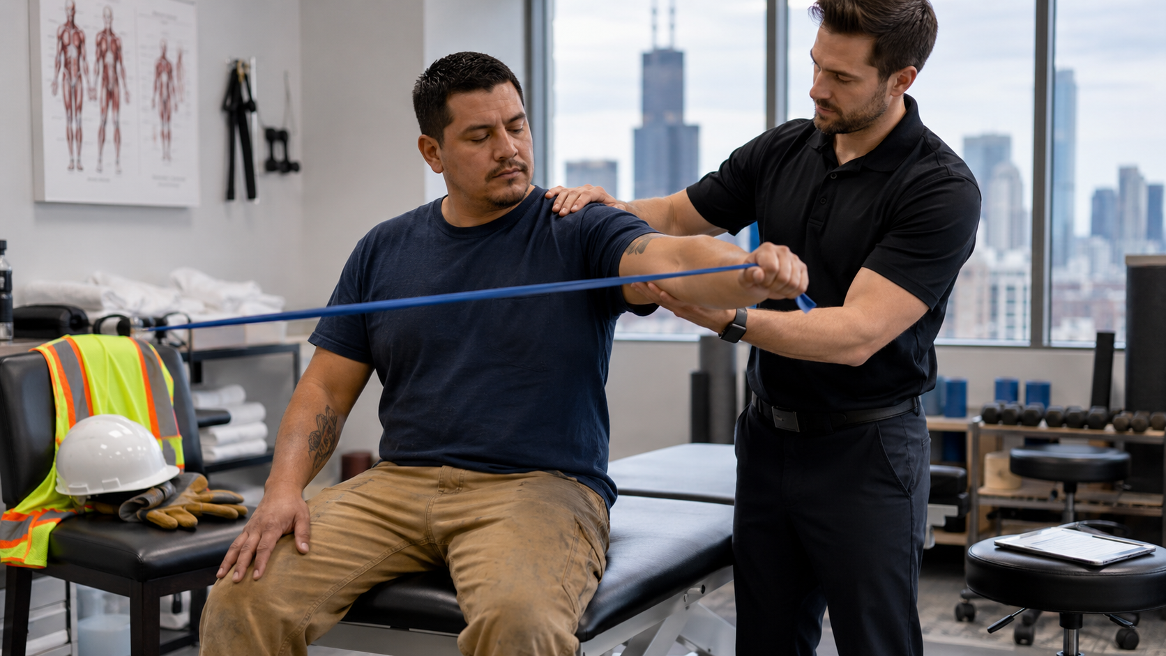 Trabajador de construcción en Chicago recibiendo tratamiento de rehabilitación después de una lesión laboral