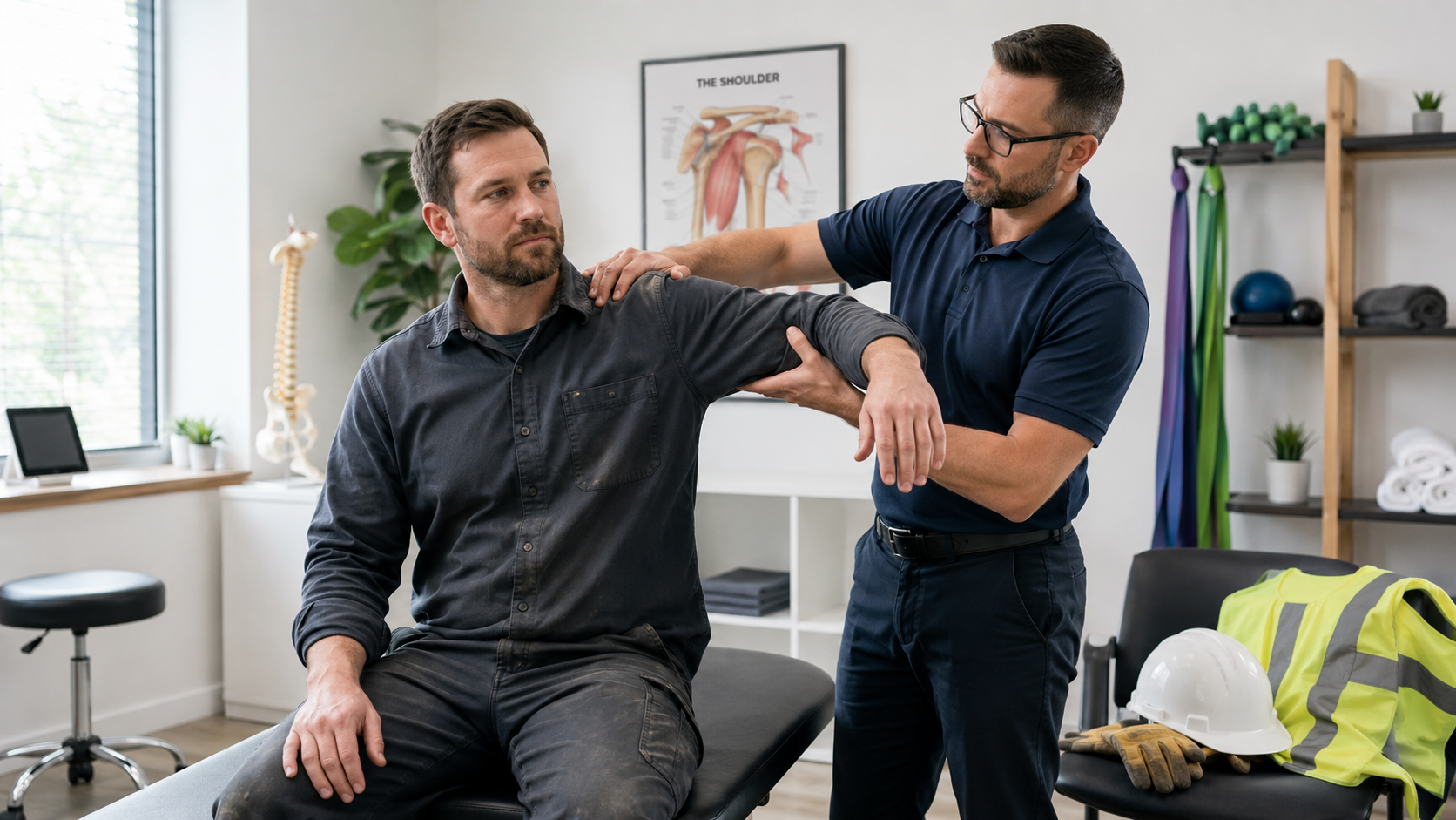 Quiropráctico evaluando el hombro de un paciente trabajador en la clínica