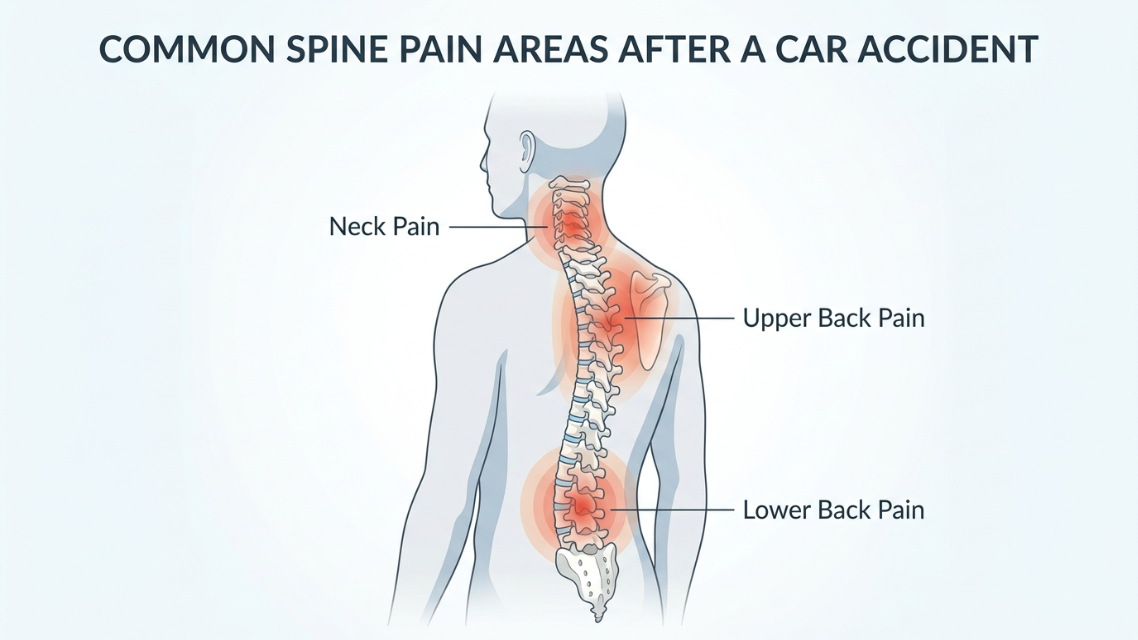 ilustración de la columna vertebral mostrando zonas comunes de dolor tras un accidente de auto